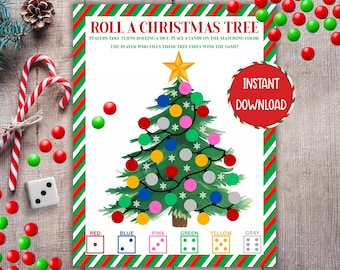 ロール・ア・ツリー・クリスマスゲーム、印刷可能なクリスマスパーティーゲーム、ロール・ア・ツリー・ダイスゲーム、子供向けクリスマス教室アクティビティ、クリスマスパーティーゲーム