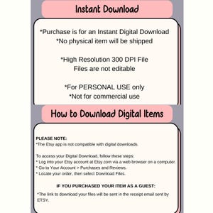 以下が含まれることがあります： 「インスタントダウンロード」と書かれたピンク色のヘッダーが付いたデジタルダウンロード情報シート。シートには、ファイルの種類、使用方法、ダウンロード手順など、デジタルダウンロードに関する詳細が記載されています。テキストは黒いフォントです。