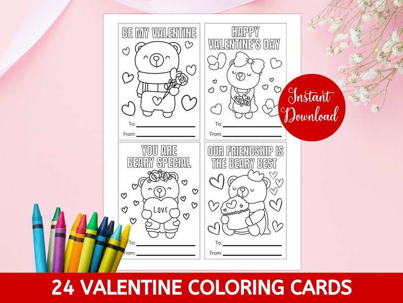 24 Valentine Coloring Cards for Kids, Printable Classroom Valentine ...
