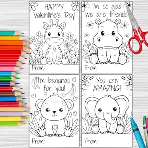 サファリ動物のぬり絵バレンタインデーカード、印刷可能なバレンタインデーカード、教室用バレンタインデーカード、即時ダウンロード、子供用カード