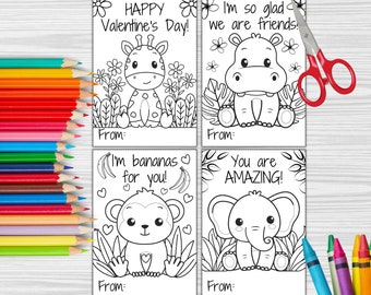 Safari Animal Coloring Valentine's Day Cards, Printable Valentine's Day Cards, Classroom Valentine's Day Cards, Instant Download, Kids Cards