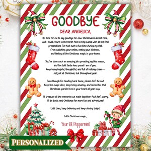May include: A personalised Christmas letter with a festive design. The letter features a red and green striped border, Christmas stockings, gingerbread men, and a Christmas tree. The text reads "Goodbye Dear Angelica" and is signed by "Your Elf, Peppermint."