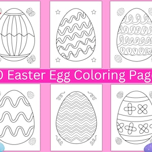 May include: 30 black and white Easter egg coloring pages with different patterns.  The pages are ready to be colored with crayons, markers, or colored pencils.