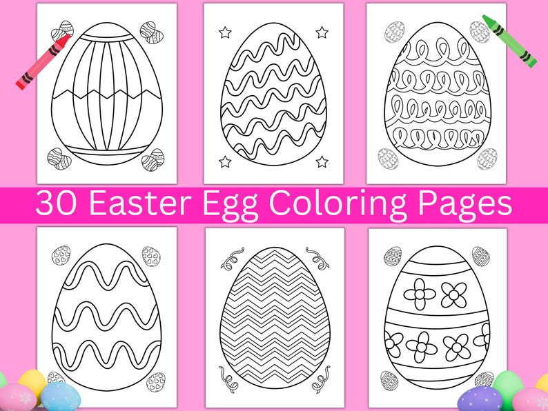 May include: 30 black and white Easter egg coloring pages with different patterns.  The pages are ready to be colored with crayons, markers, or colored pencils.