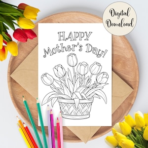 Biglietto per la festa della mamma STAMPABILE, biglietto da colorare per la festa della mamma, download immediato, biglietto da colorare fai da te per la festa della mamma, biglietti per la festa della mamma stampabili