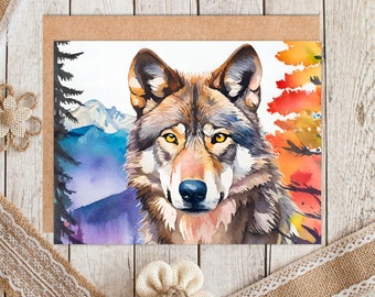 Watercolor Mountain Wolf Card, Wolf Mountain Scene Card, Wildlife Art, Birthday Card, Father's Day Card, Blank Note Card, Wolf Greeting Card