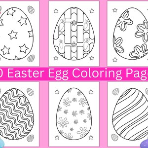 May include: Thirty black and white Easter egg coloring pages with various patterns, including stars, stripes, flowers, and wavy lines.  The pages are ready to be colored.