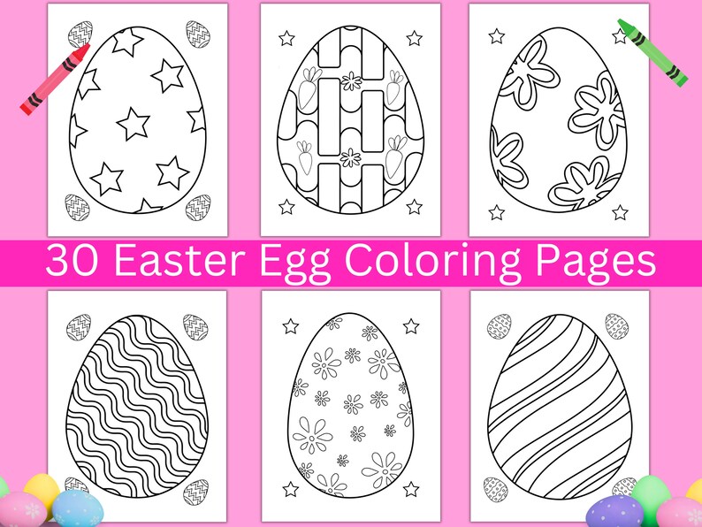 May include: Thirty black and white Easter egg coloring pages with various patterns, including stars, stripes, flowers, and wavy lines.  The pages are ready to be colored.