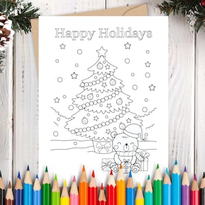 Kerstboomkleurkaart, afdrukbare kerstkaarten, DIY-kerstkaarten, direct downloaden, kerstkaarten voor kinderen, Happy Holidays-kaart