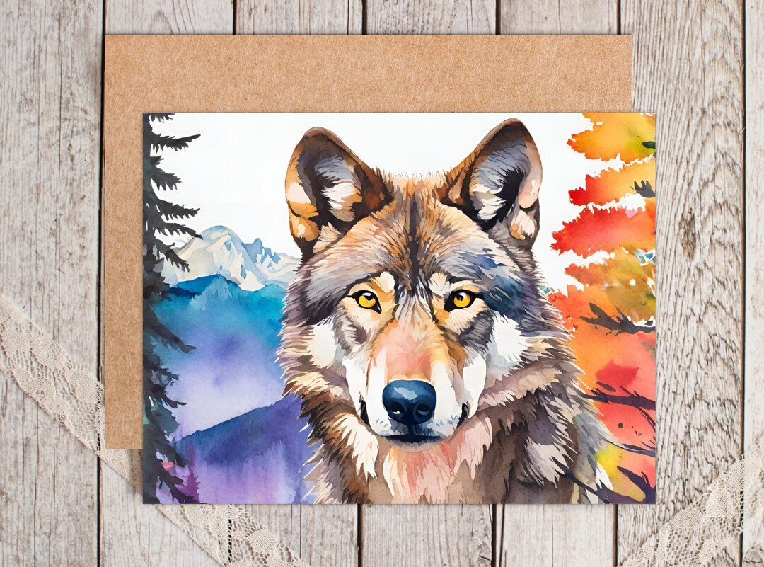 Watercolor Wolf Card, Mountain Wolf Card, Wildlife Art, Wolf Birthday ...