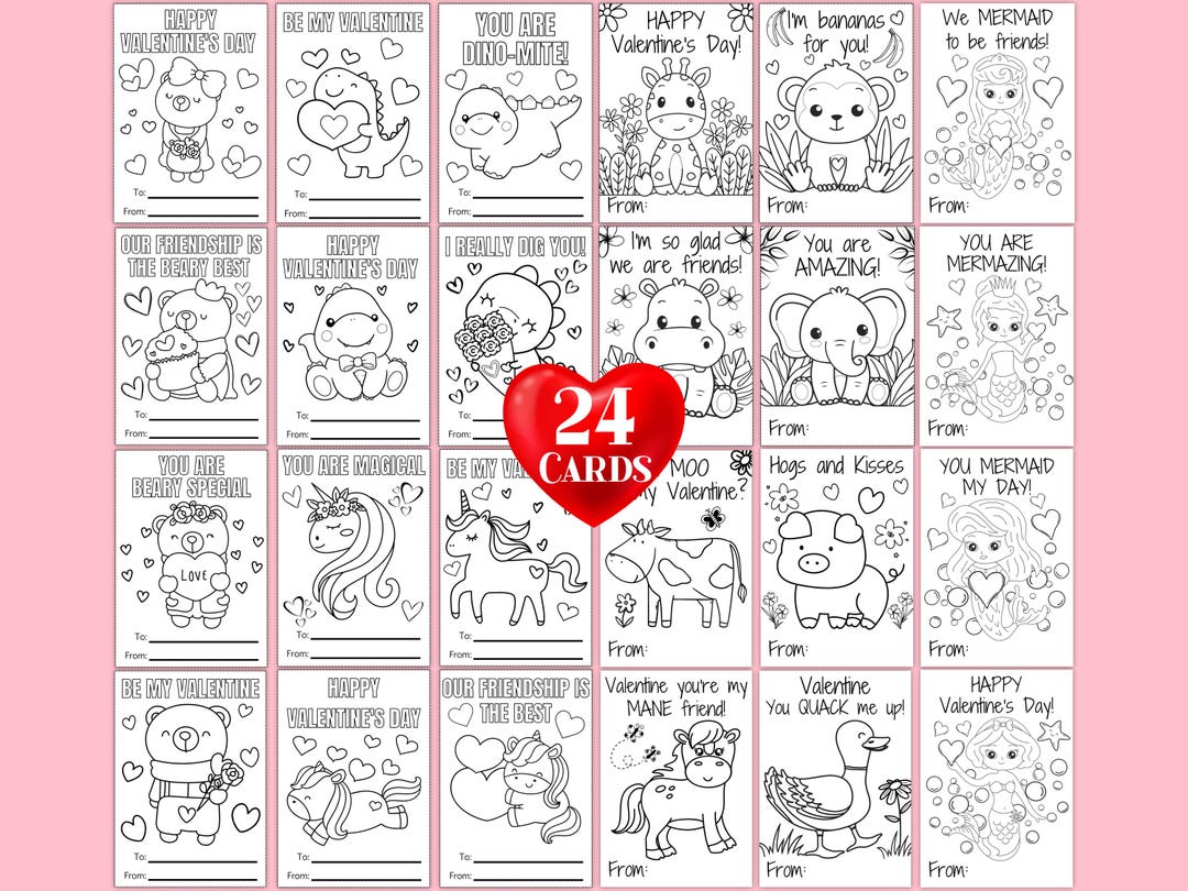 24 Valentine Coloring Cards for Kids, Printable Classroom Valentine ...