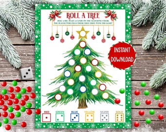 クリスマスツリーゲーム、クリスマスパーティーゲーム、ツリーダイスゲーム、印刷可能なクリスマスツリーキャンディダイスゲーム、家族向けクリスマスゲーム