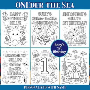 Può includere: Pagine da colorare in bianco e nero con tema sottomarino. Le pagine presentano creature marine, messaggi di compleanno e il testo "ONEDER THE SEA". La frase "Baby's 1st Birthday" è presente. Le parole "PERSONALIZED WITH NAME" sono in basso.