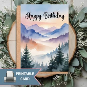 Printable Mountain Birthday Card: Rustic Forest Scene (Digital Download)