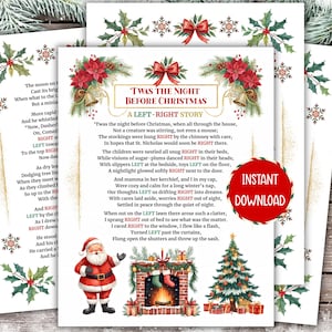 Puede incluir: Impresión artística con temática navideña con el poema "Twas the Night Before Christmas". El diseño incluye acebo, poinsettias y una ilustración de Papá Noel. El texto está en una fuente clásica, con una insignia roja de "Descarga instantánea".