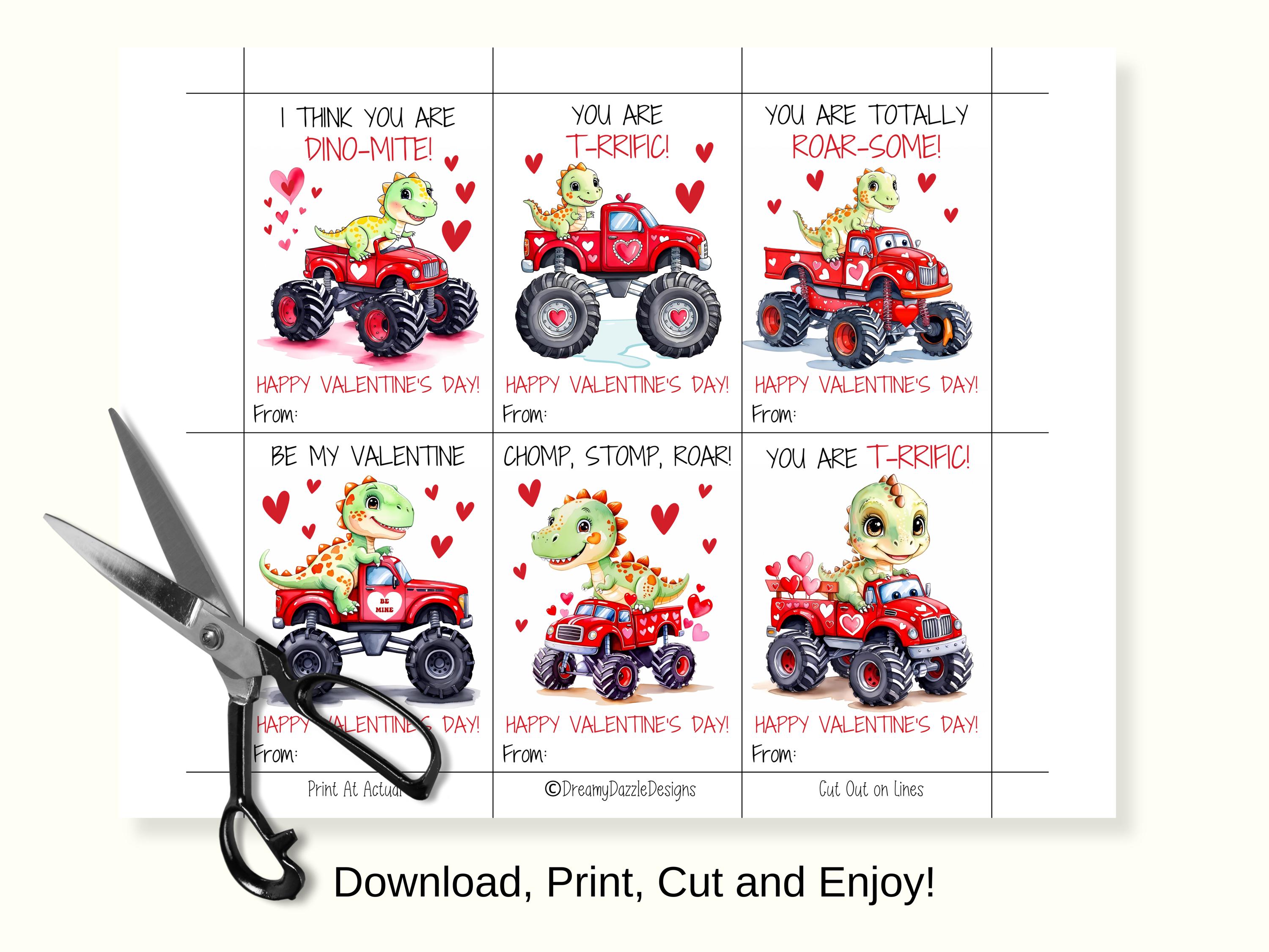 Dinosaur Valentine Cards for Kids, Printable Classroom Valentines, Dino ...