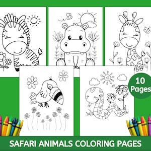 May include: A collection of ten coloring pages featuring safari animals, including a zebra, hippo, giraffe, bird, and snake. Each page has a black and white illustration with flowers, suns, and butterflies. The title "Safari Animals Coloring Pages" is displayed.