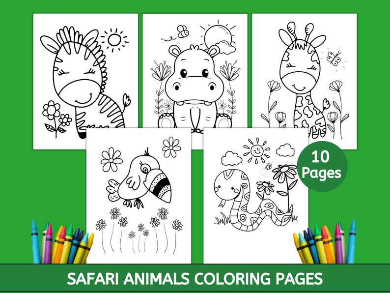 May include: A collection of ten coloring pages featuring safari animals, including a zebra, hippo, giraffe, bird, and snake. Each page has a black and white illustration with flowers, suns, and butterflies. The title "Safari Animals Coloring Pages" is displayed.