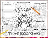 Kids Thanksgiving Coloring Placemat, Activity Sheet (Digital Download)