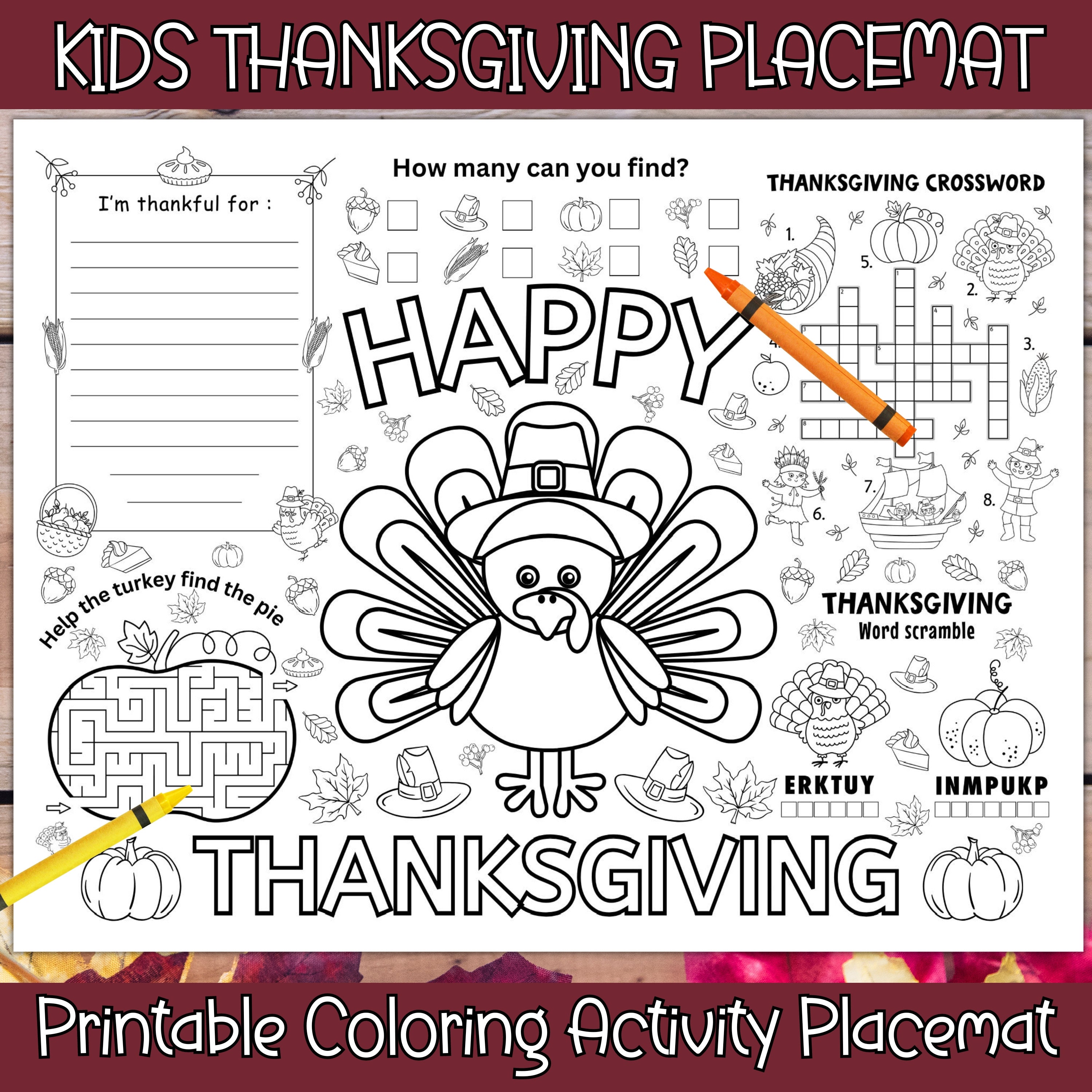 Kids Thanksgiving Placemat for Thanksgiving Dinner, Printable Thanksgiving Coloring Placemat, Instant Download, Kids Thanksgiving Activity