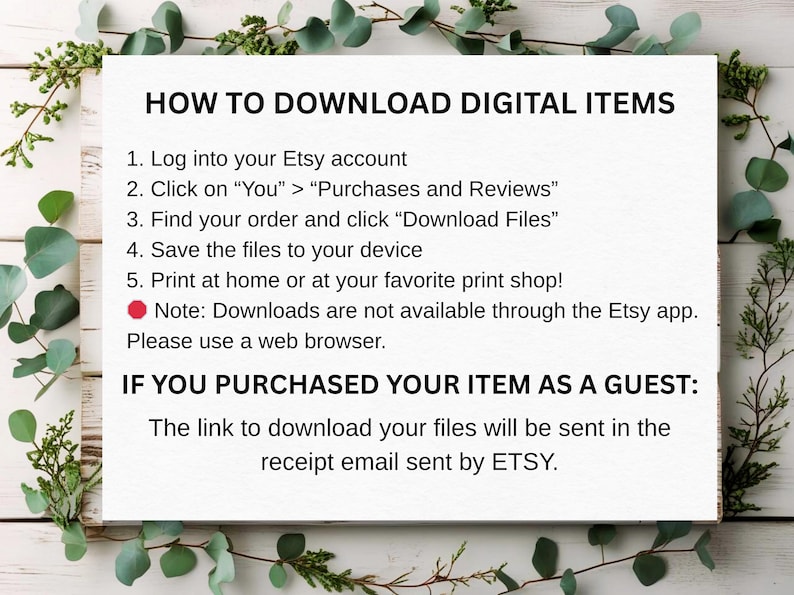 K&ouml;nnte beinhalten: Wei&szlig;es rechteckiges Schild mit Anweisungen zum Herunterladen digitaler Artikel von Etsy. Der Text erkl&auml;rt die Download-Schritte und die Verwendung eines Webbrowsers, umgeben von gr&uuml;nem Laub.