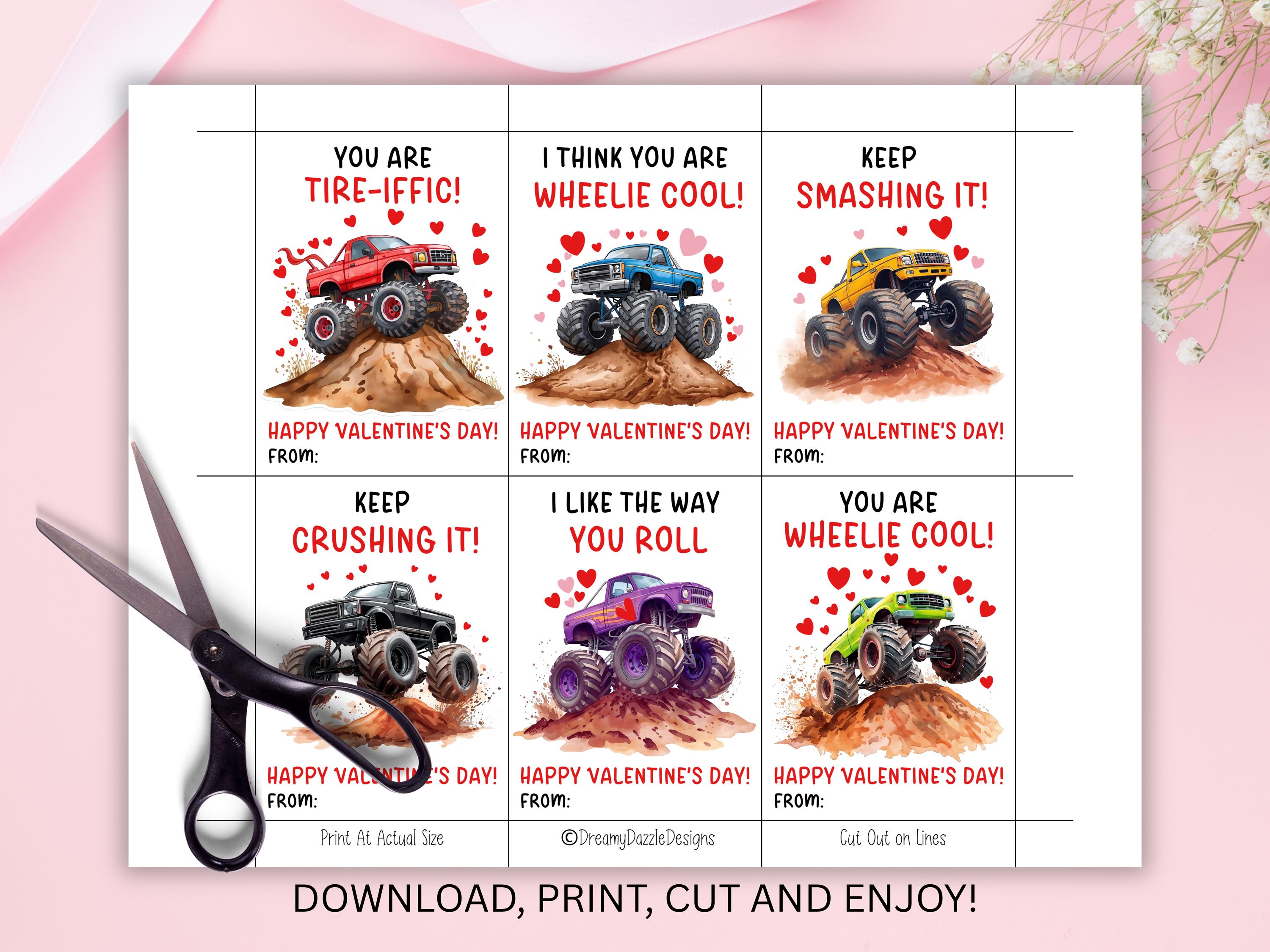 Monster Truck Valentine Cards for Kids. Printable Classroom Valentines ...