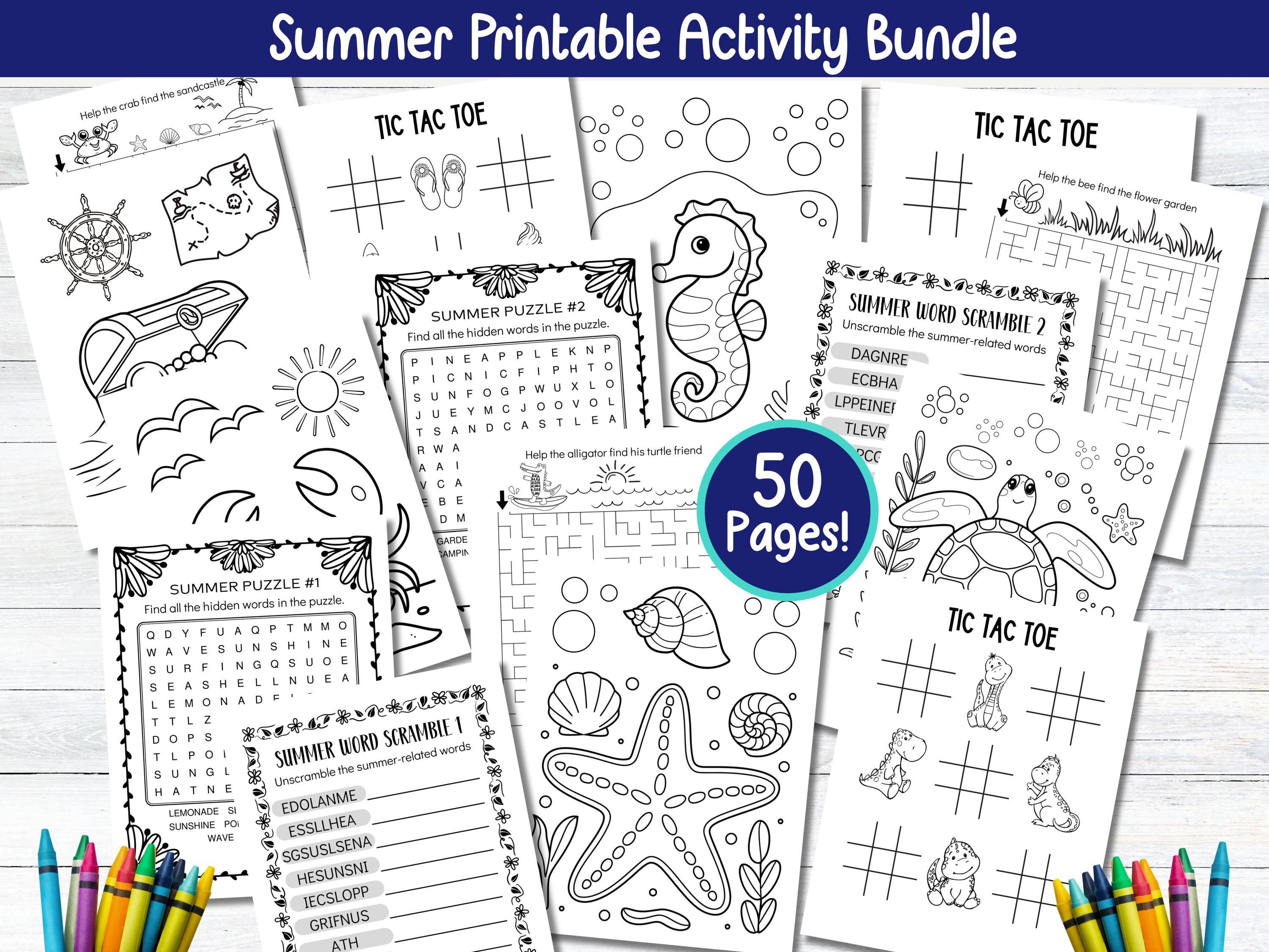 50 Page Printable Summer Activity Bundle for Kids, Summer Camp Activity, Coloring Pages, Games, Mazes, Word Search Puzzles, Instant Download