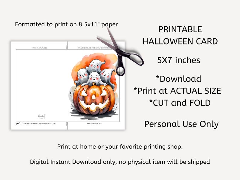 K&ouml;nnte beinhalten: Druckbare Halloween-Karte mit einer Aquarellillustration eines l&auml;chelnden K&uuml;rbisses und vier freundlichen Geistern. Die Karte ist 12,7 x 17,8 cm gro&szlig; und f&uuml;r den Druck auf A4-Papier formatiert. Enth&auml;lt Anweisungen zum Herunterladen, Drucken, Schneiden und Falten.