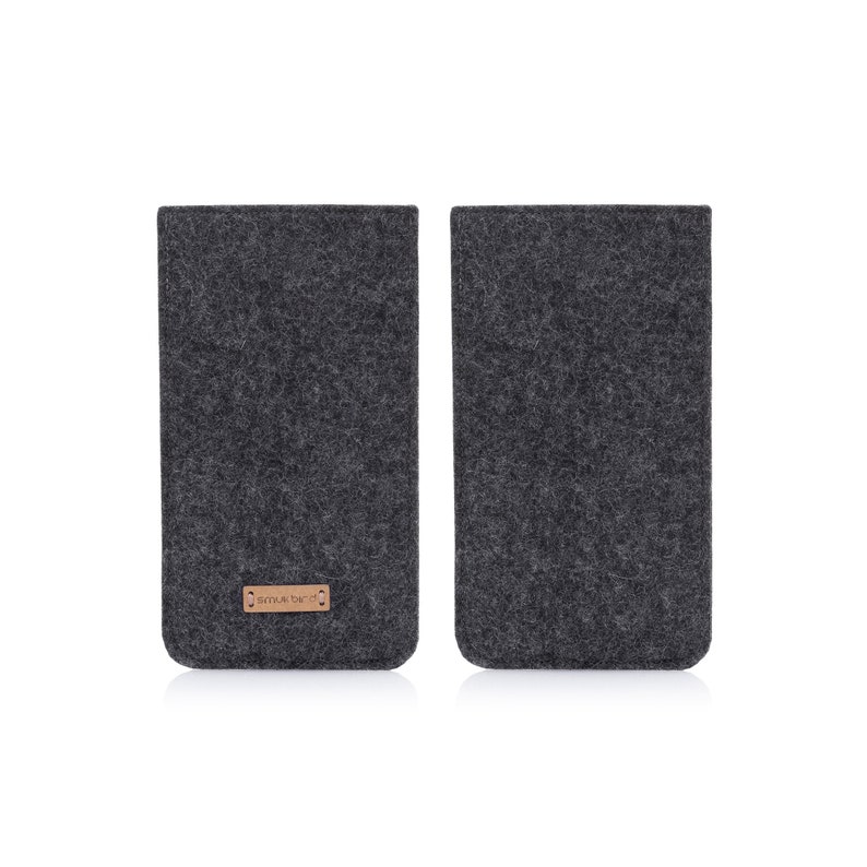 May include: Two gray felt phone cases with a small brown leather label that says "somuk.co" on one case.