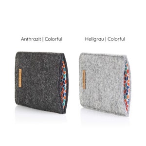 May include: Two felt pouches with colorful patterned lining. The pouch on the left is dark gray with the text "Anthrazit | Colorful". The pouch on the right is light gray with the text "Hellgrau | Colorful".