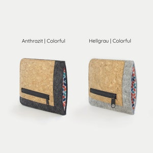 Puede incluir: Dos estuches con cremallera de corcho y fieltro. El estuche de la izquierda es gris oscuro con un forro estampado de colores. El estuche de la derecha es gris claro con un forro estampado de colores. El texto "Anthrazit | Colorful" est&aacute; sobre el estuche de la izquierda y el texto "Hellgrau | Colorful" est&aacute; sobre el estuche de la derecha.