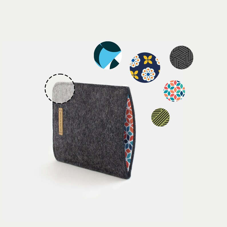 May include: A gray felt sleeve with a colorful geometric pattern lining. The sleeve is designed to protect a tablet or e-reader.