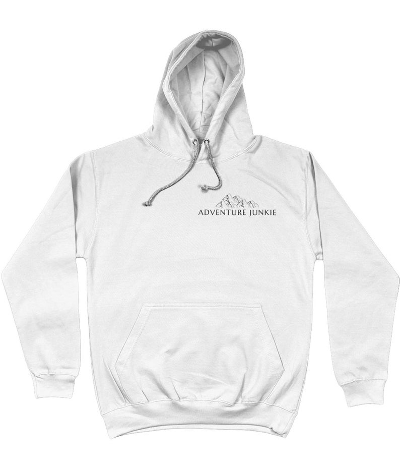 May include: White hoodie with a drawstring hood and a front pocket. The hoodie features a small mountain graphic and the text "ADVENTURE JUNKIE" in black. A casual, comfortable garment for outdoor enthusiasts.