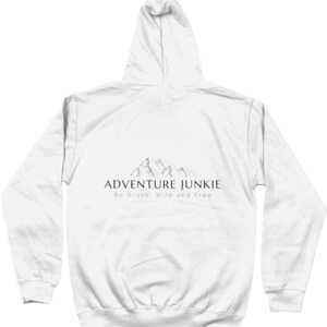 May include: White hoodie with a drawstring hood and long sleeves. The back of the hoodie features the text "ADVENTURE JUNKIE" above a mountain graphic, with the words "Be Brave, Wild and Free" below the text. The hoodie is made of a soft material.