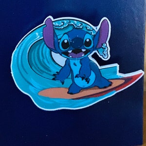 Stitch surfing badge, Disney Lilo and Stitch accessory, surfing pin, wave surf design, backpack and hat charm, Disney fandom gift