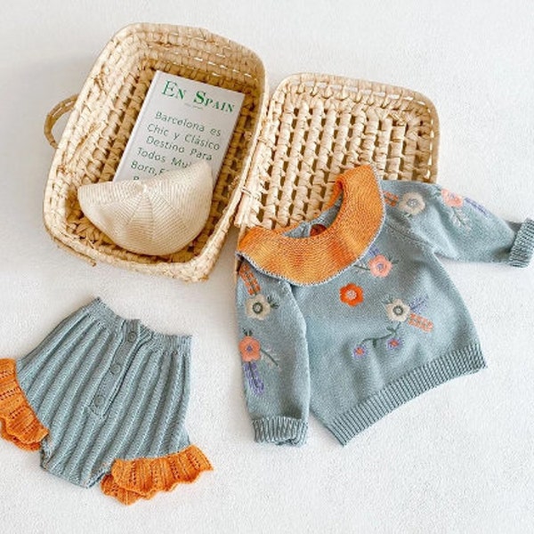 Knitted Long Sleeve Sweater and Shorts for baby , Vintage Style , Ruffled Boho 2 Pieces Bodywear, Warm Soft Clothes with Embroidery Details