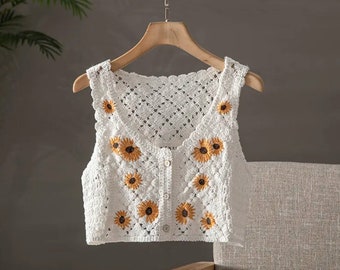 Sunflower Embroidered Cardigan Top | Sunflower Crop Top | Cute Knitted Summer Top | Boho Sunflower Crotchet Top