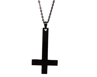 Nickel-free, black stainless steel pendant inverted cross with chain – simple gothic jewelry, unisex, expressive accessories