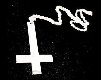 Nickel-free silver stainless steel pendant &#39;Inverted Cross&#39; with chain - Simple unisex gothic jewelry, expressive & modern