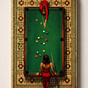 May include: A rectangular wall art print featuring a top-down view of a green pool table with scattered billiard balls. Two figures in red clothing are positioned at opposite ends of the table, each holding a wooden pool cue for a game.