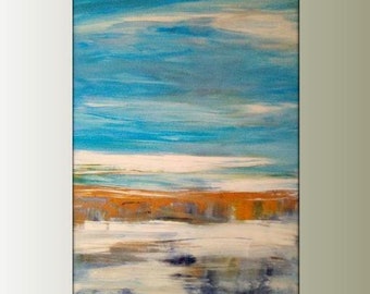 May include: Abstract painting with horizontal brushstrokes in shades of blue, white, and orange. The painting evokes a sense of calm and serenity.