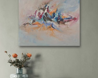 May include: Abstract painting with a light blue background and a colorful, swirling design in shades of pink, red, orange, yellow, blue, and brown.