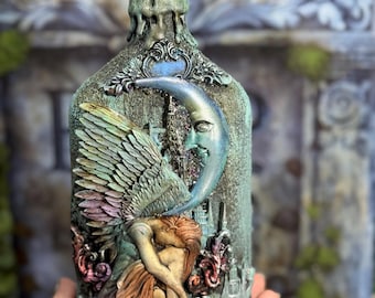 Frasco de poción: Hada ángel de vidrio artístico 3D vintage, luna, decoración celestial, luz de luna, luna azul