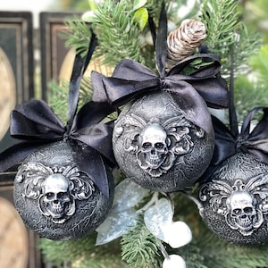 Set of 3 Gothic Skull Christmas Ornaments, Black Silver Baubles, Handmade Creepmas Decor