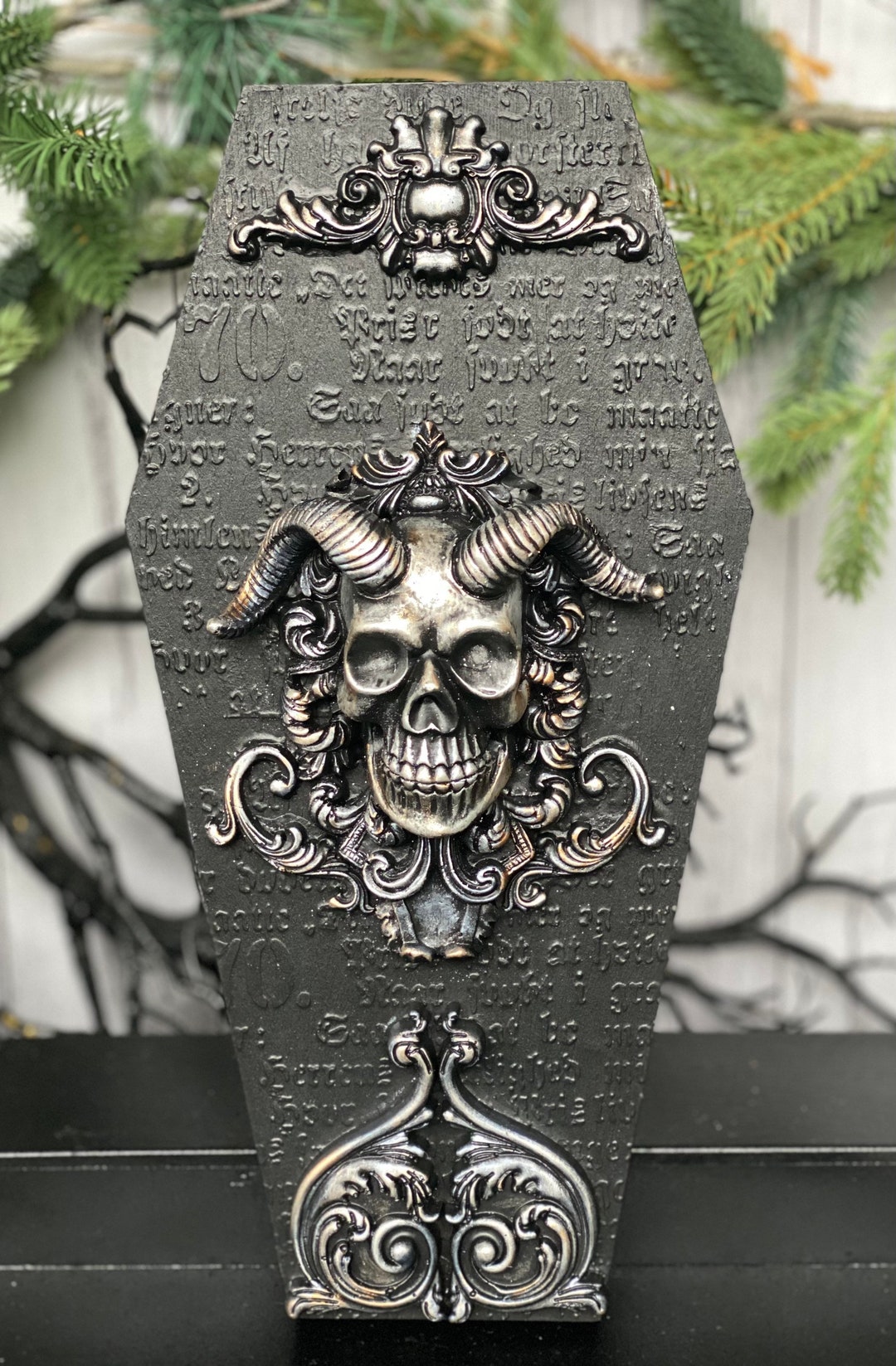 Wooden Black Coffin Lid Goat Skull , Wall Decor 30cm Halloween , Frame