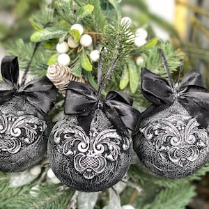 Set of 3 Victorian black and silver balls , baubles, pendants 8 cm , gothic , Halloween  , vintage style , Christmas , Secret Santa