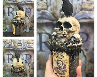 Potion Grief Dust Nevermore Edgar Allan Poe art glass bottle,  jar 21:6.5 cm , Raven , apothecary , collectible item