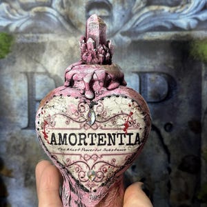 Puede incluir: Una botella rosa en forma de coraz&oacute;n con la palabra "AMORTENTIA" en texto negro. La botella tiene un tap&oacute;n en forma de cristal y est&aacute; decorada con detalles negros y joyas. Tambi&eacute;n es visible el texto "The Most Powerful Substance".
