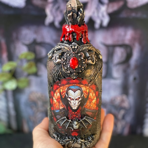 Potion Gothic Vampire  blood, Art Glass Bottle 21/5.5cm , Witch  , Halloween  , bat, Transylwania  ,Victorian, apothecary , stained glass