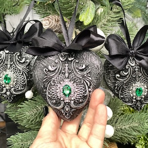 Set of 3 Victorian black and silver heart Green rhinestone - pendant 9 cm , ornament , gothic wall , Halloween  , like Emerald stone